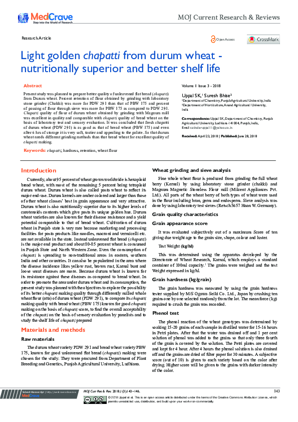 (PDF) Light golden chapatti from durum wheat - nutritionally superior ...