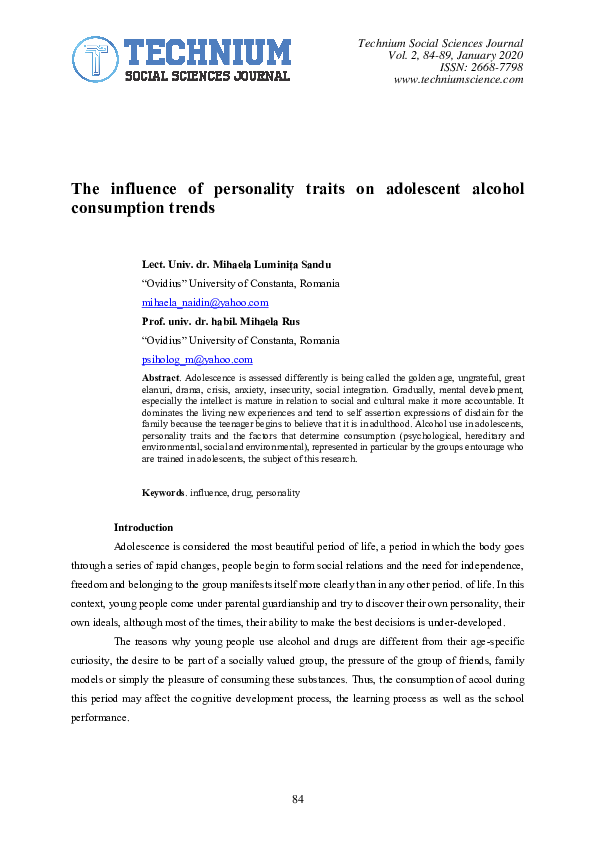 (PDF) The influence of personality traits on adolescent alcohol ...