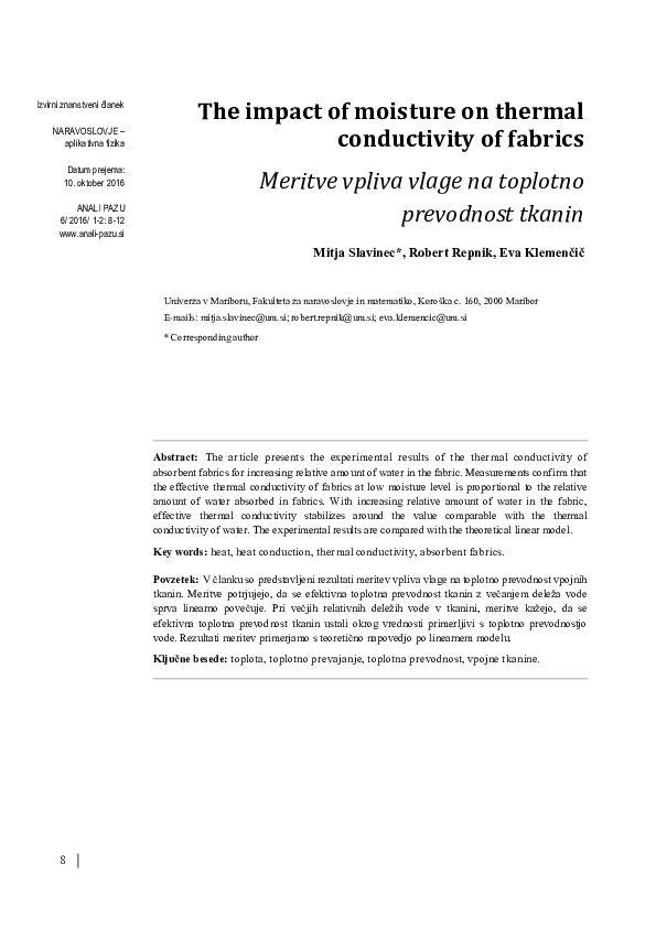 (PDF) The impact of moisture on thermal conductivity of fabrics