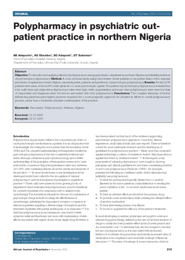(PDF) Polypharmacy in psychiatric outpatient practice in northern Nigeria