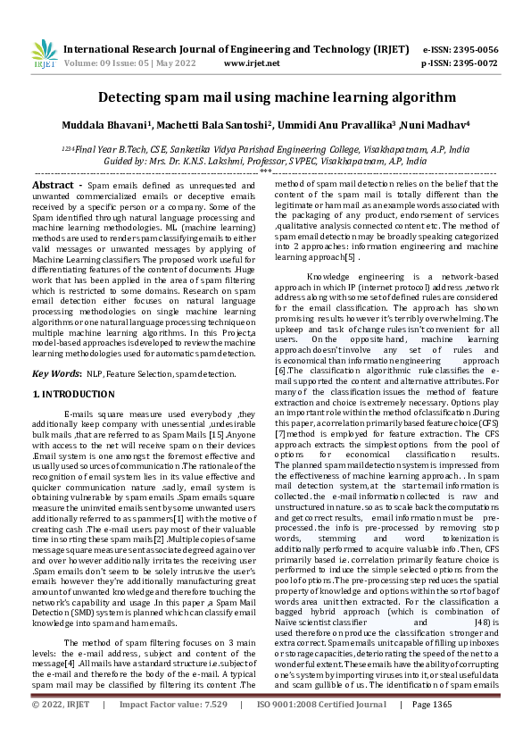 (PDF) Detecting spam mail using machine learning algorithm