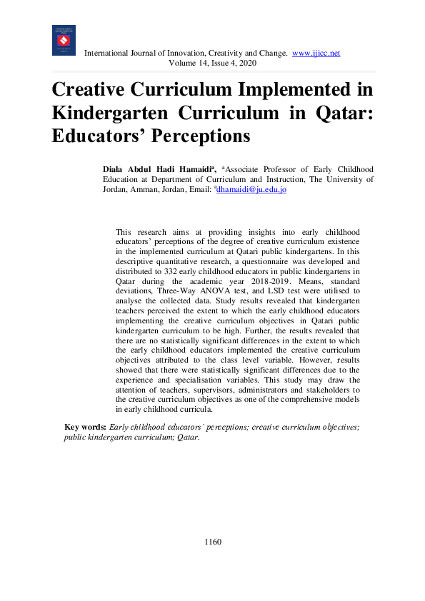 (PDF) Creative Curriculum Implemented in Kindergarten Curriculum in ...