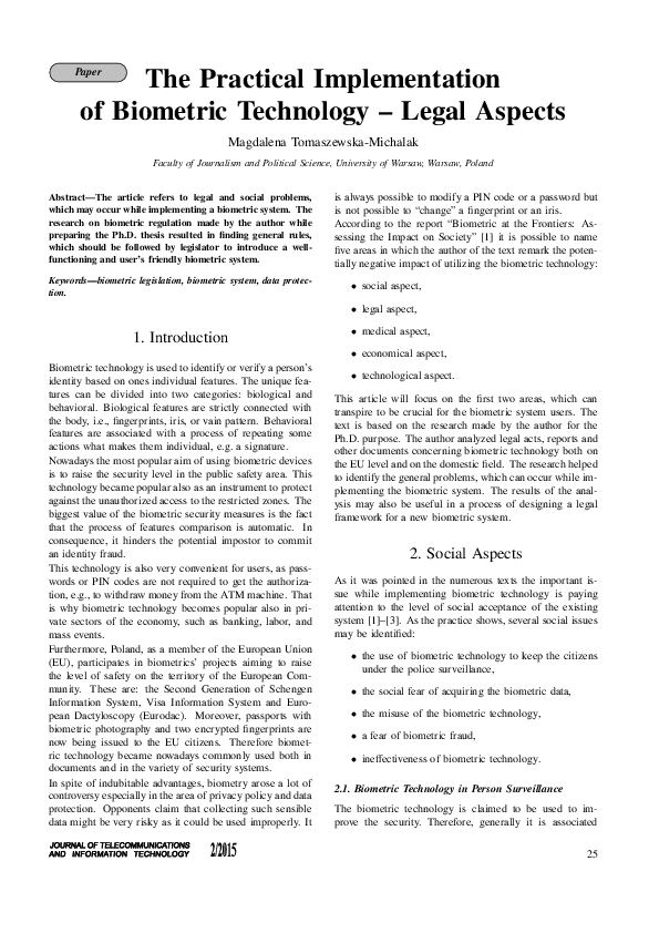 (PDF) The Practical Implementation of Biometric Technology - Legal Aspects