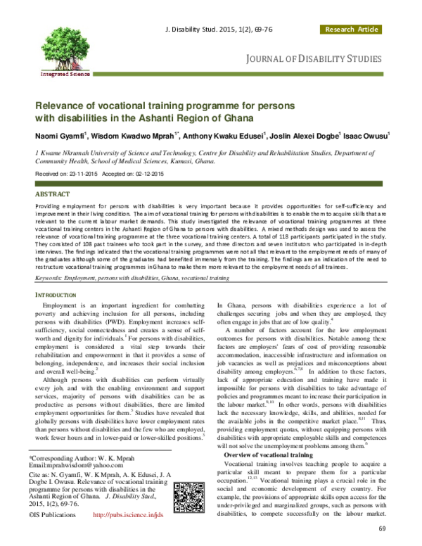 (PDF) JOURNAL OF DISABILITY STUDIES Relevance of vocational training ...