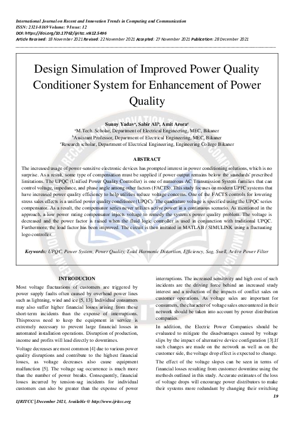 (PDF) Design Simulation of Improved Power Quality Conditioner System ...