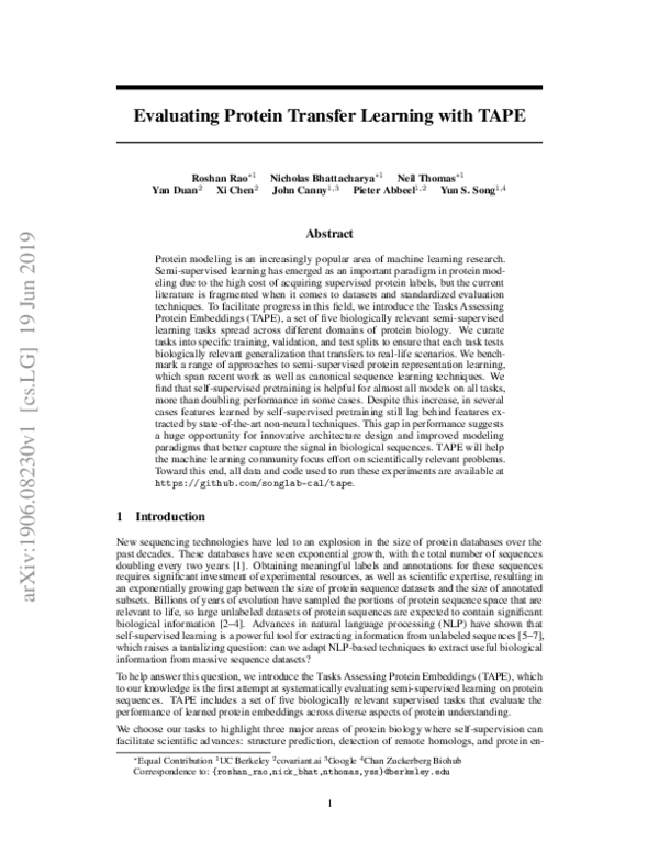 (PDF) Evaluating Protein Transfer Learning with TAPE