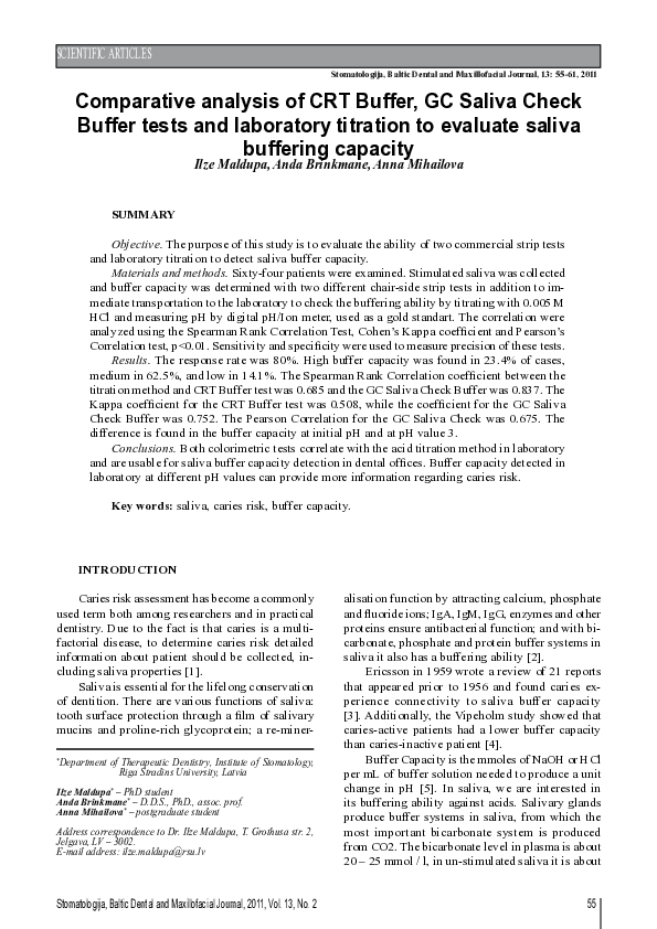 (PDF) Comparative analysis of CRT Buffer, GC saliva check buffer tests