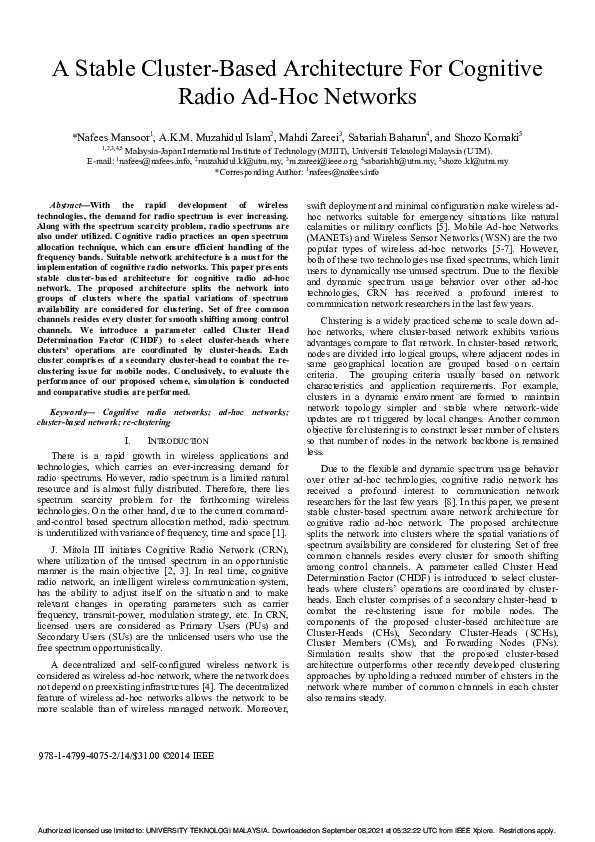 (PDF) A stable cluster-based architecture for cognitive radio ad-hoc ...