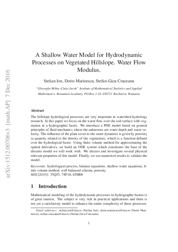 (PDF) A Shallow Water Model for Hydrodynamic Processes on Vegetated ...