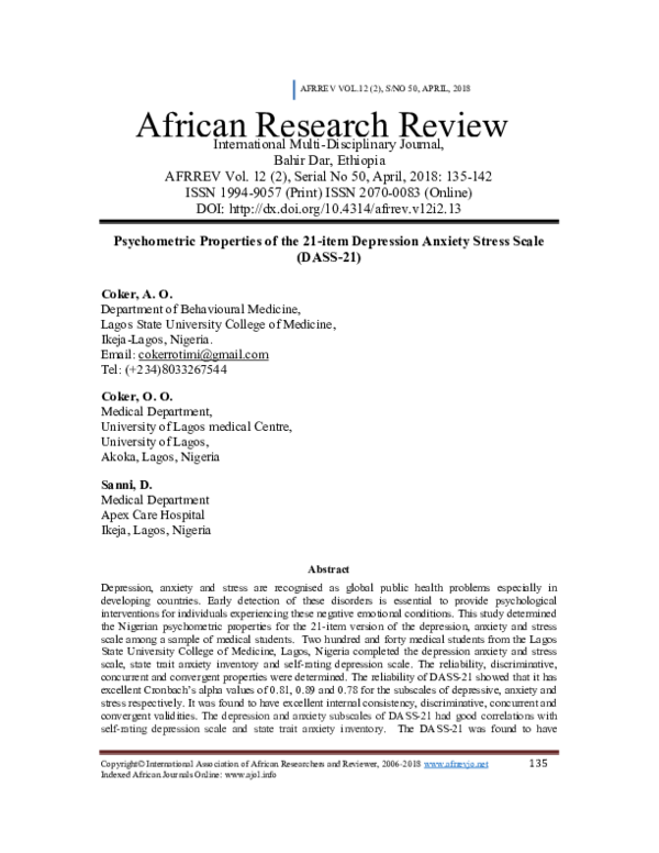 (PDF) Psychometric properties of the 21-item Depression Anxiety Stress ...