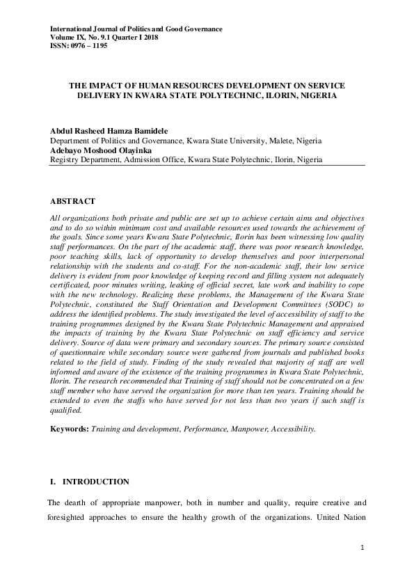 (PDF) THE IMPACT OF HUMAN RESOURCES DEVELOPMENT ON SERVICE DELIVERY IN ...