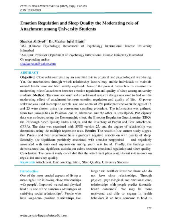 (PDF) Emotion Regulation and Sleep Quality the Moderating role of ...