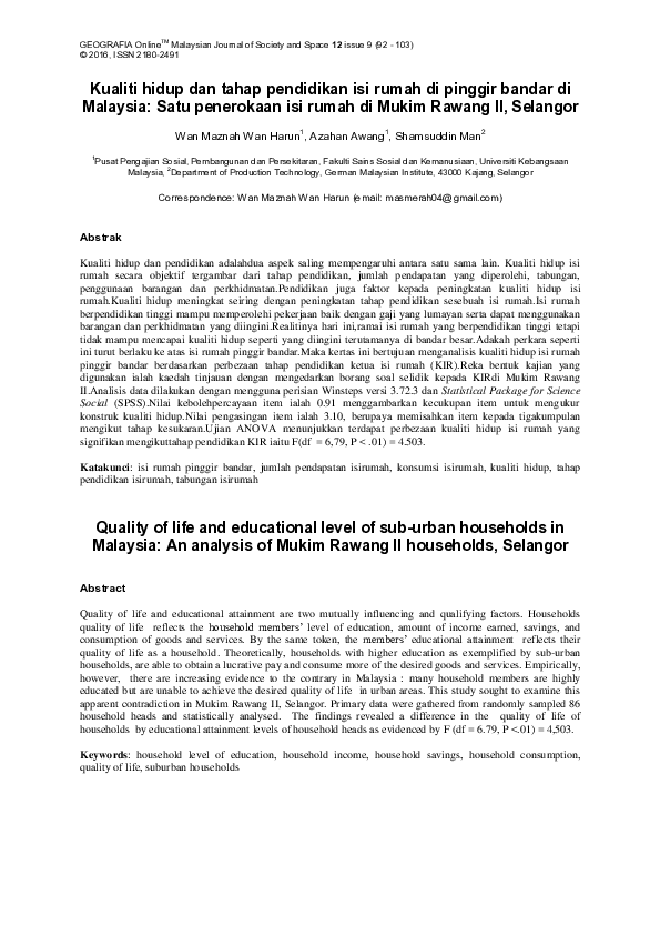 Kualiti hidup dan tahap pendidikan isi rumah di pinggir bandar di Malaysia: Satu penerokaan isi rumah di Mukim Rawang II, Selangor