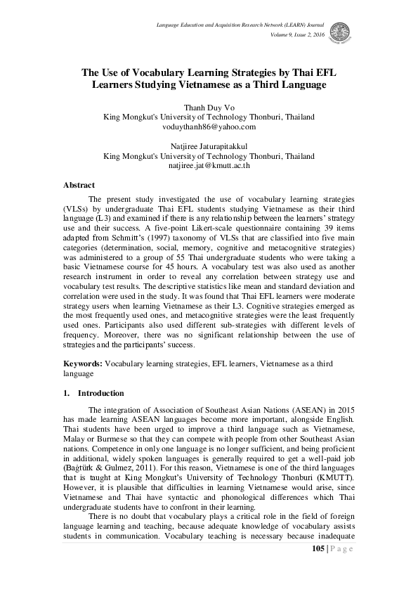 (PDF) The Use of Vocabulary Learning Strategies by Thai EFL Learners ...