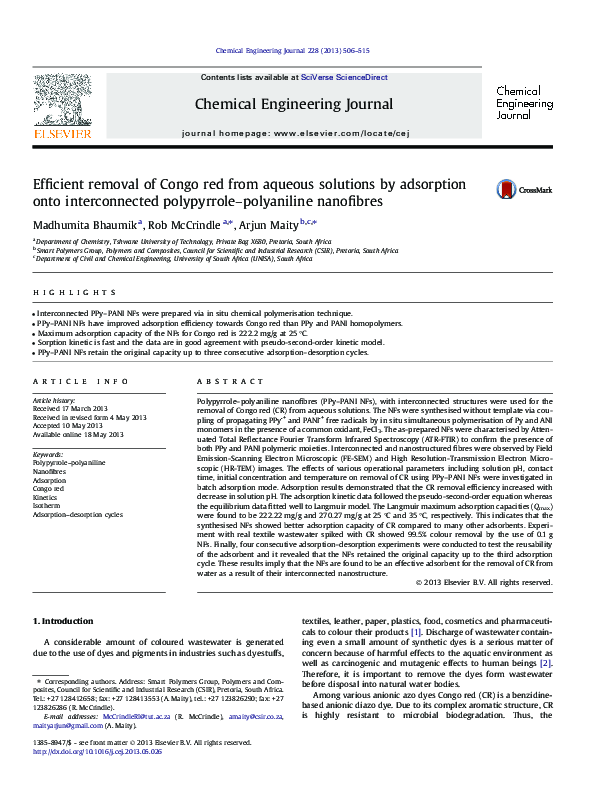 (PDF) Efficient removal of Congo red from aqueous solutions by ...