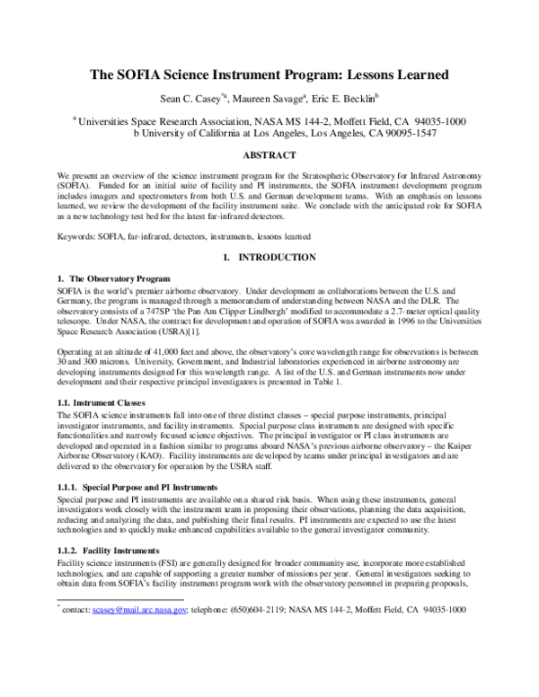 (PDF) The SOFIA science instrument program: lessons learned