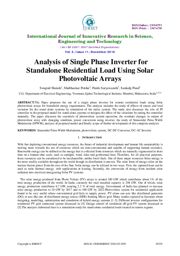 (PDF) Analysis of Single Phase Inverter for Standalone Residential Load ...