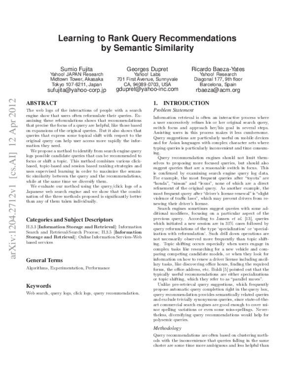 (PDF) Learning to Rank Query Recommendations by Semantic Similarities