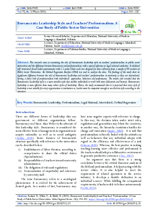 (PDF) Bureaucratic Leadership Style and Teachers' Professionalism: A ...