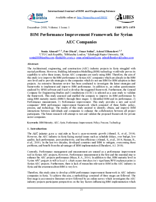 (PDF) BIM Performance Improvement Framework for Syrian AEC Companies