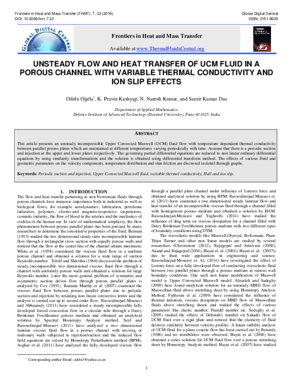 (PDF) Unsteady flow and heat transfer of UCM fluid in a porous channel ...