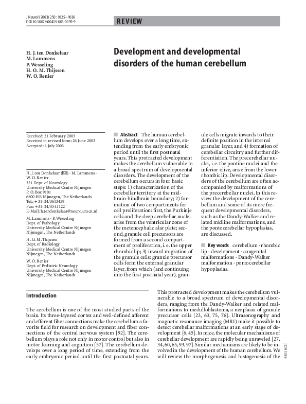 (PDF) Development and developmental disorders of the human cerebellum