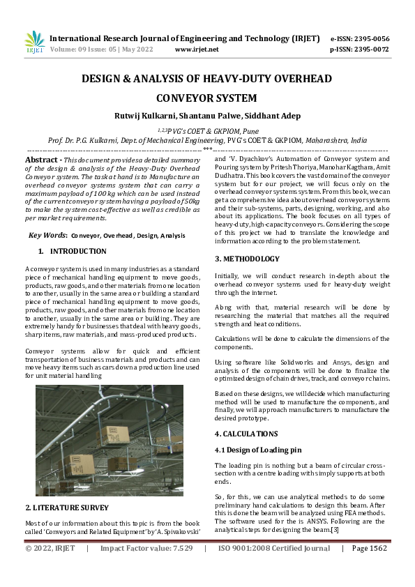 (PDF) DESIGN & ANALYSIS OF HEAVY-DUTY OVERHEAD CONVEYOR SYSTEM