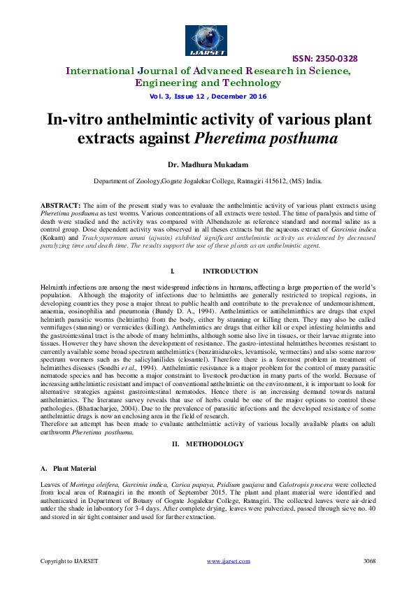 (PDF) In-vitro anthelmintic activity of various plant extracts against ...