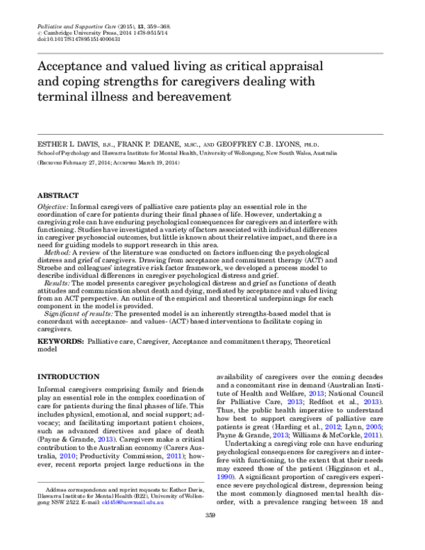 (PDF) Acceptance and valued living as critical appraisal and coping ...