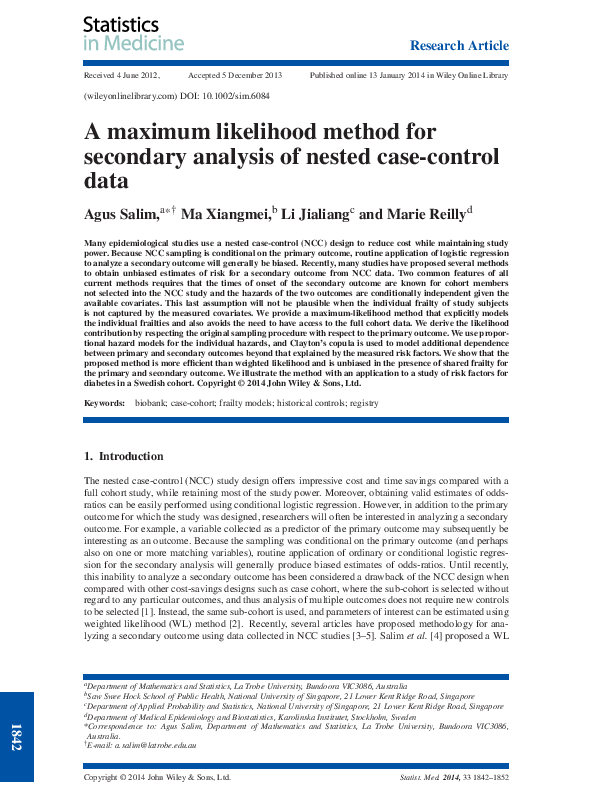 (PDF) A maximum likelihood method for secondary analysis of nested case ...