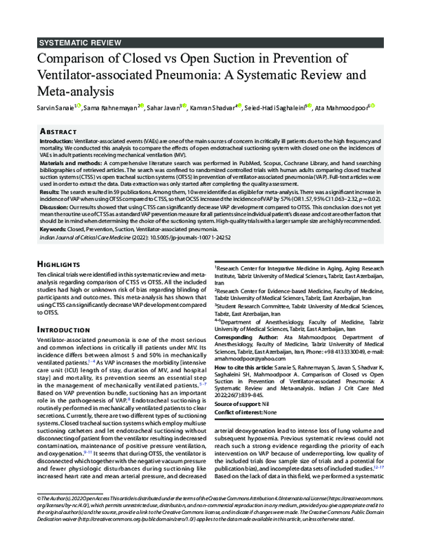 (PDF) Comparison of Closed vs Open Suction in Prevention of Ventilator