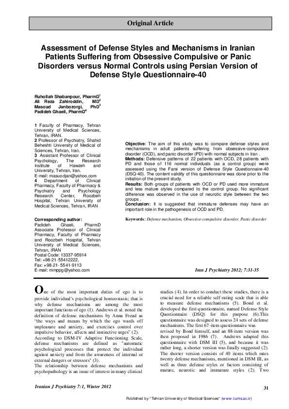 (PDF) Assessment of Defense Styles and Mechanisms in Iranian Patients ...