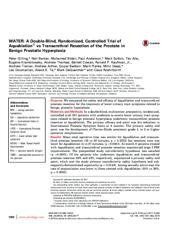 (PDF) WATER - A Double-Blind Randomized Controlled Trial of Aquablation ...