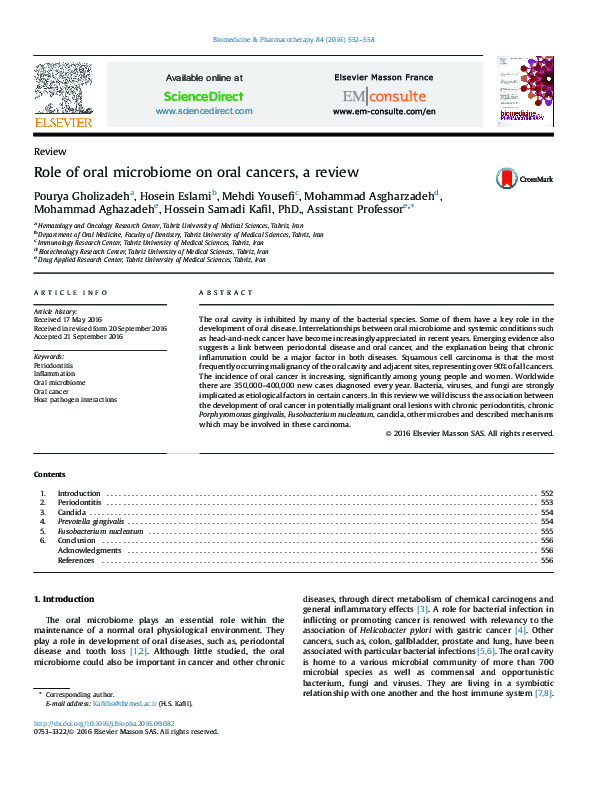 (PDF) Role of oral microbiome on oral cancers, a review