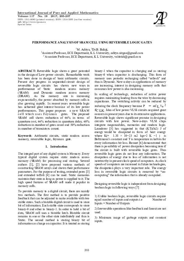 (PDF) Performance Analysis of Sram Cell Using Reversible Logic Gates
