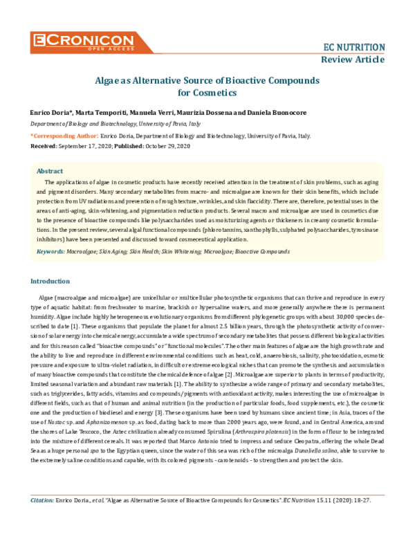 Pdf Algae As Alternative Source Of Bioactive Compoundsfor Cosmetics