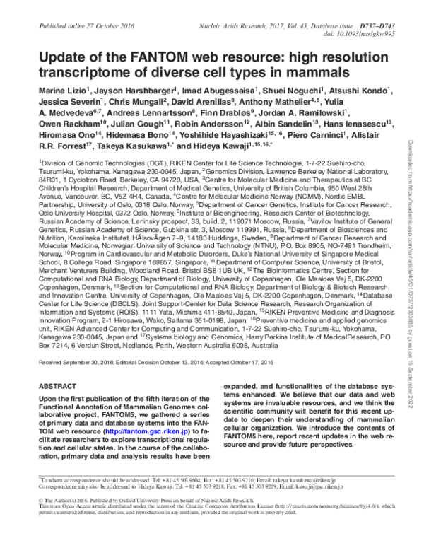 (PDF) Update of the FANTOM web resource: high resolution transcriptome ...