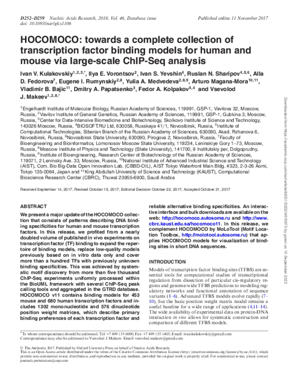 (PDF) HOCOMOCO: towards a complete collection of transcription factor ...