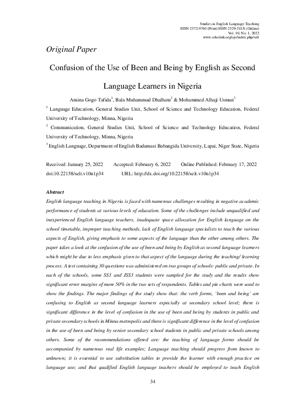  PDF Confusion Of The Use Of Been And Being By English As Second 