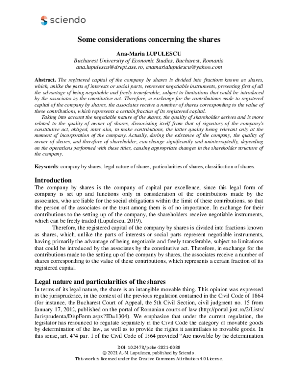 (PDF) Some considerations concerning the shares