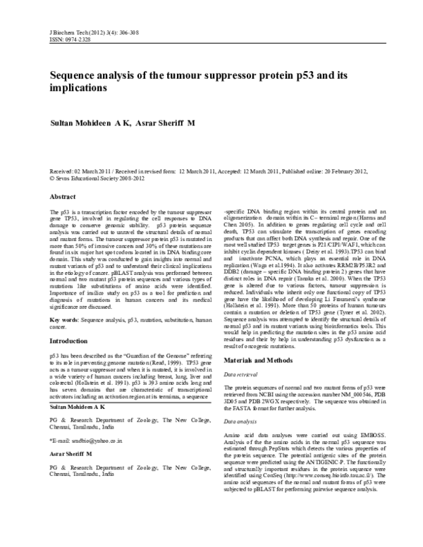 (PDF) Sequence analysis of the tumour suppressor protein p53 and its ...