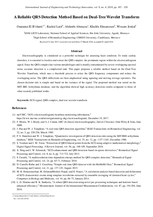 (PDF) A Reliable QRS Detection Method Based on Dual-Tree Wavelet Transform