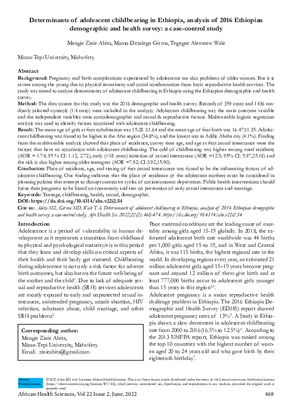 (PDF) Determinants of adolescent childbearing in Ethiopia, analysis of ...
