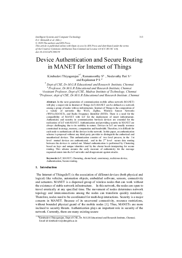 (PDF) Device Authentication and Secure Routing in MANET for Internet of ...