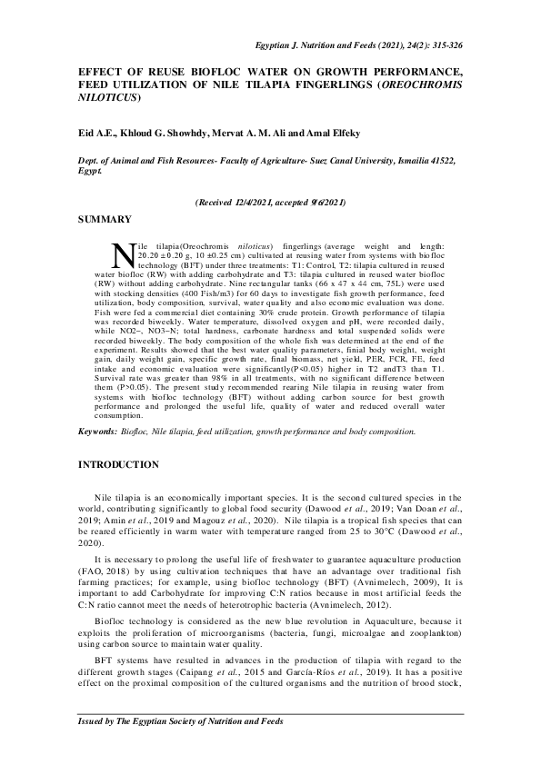 (PDF) Effect of Reuse Biofloc Water on Growth Performance, Feed ...