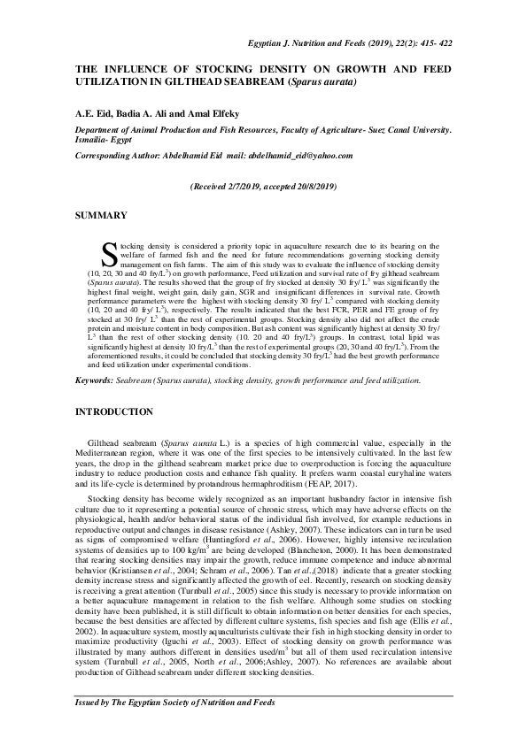 (PDF) THE INFLUENCE OF STOCKING DENSITY ON GROWTH AND FEED UTILIZATION ...