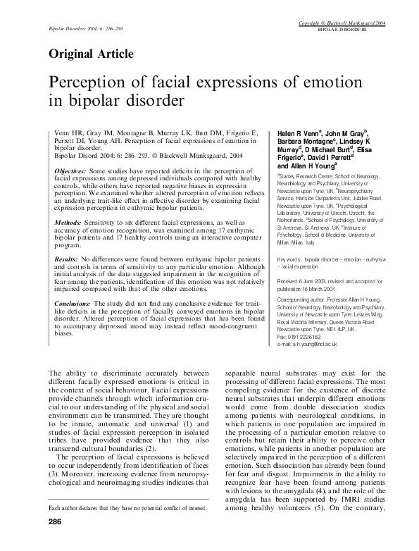 (PDF) Perception of facial expressions of emotion in bipolar disorder