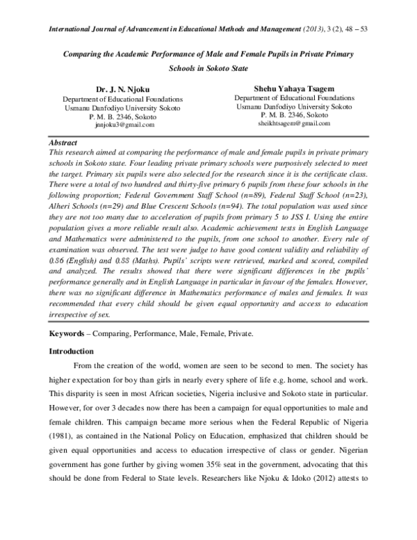 (PDF) Comparing the Academic Performance of Male and Female Pupils in ...