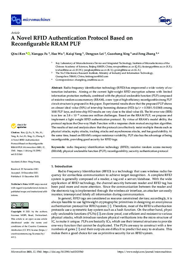 (PDF) A Novel RFID Authentication Protocol Based on Reconfigurable RRAM PUF