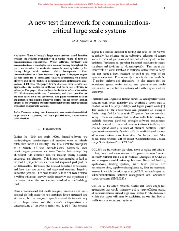 (PDF) A new test framework for communications-critical large scale systems